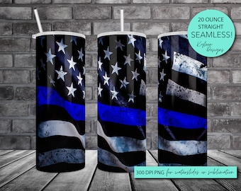 SEAMLESS Blue line flag 20 ounce wrap for sublimation, waterslide High res PNG digital file- Straight only