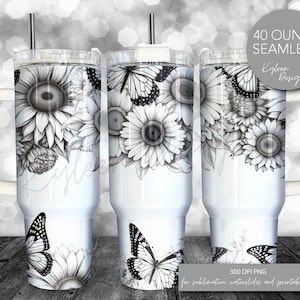 SEAMLESS 40 ounce Black and white floral tumbler wrap for sublimation, waterslide High res PNG digital file
