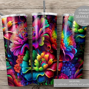 SEAMLESS neon bright floral Wrap 20 ounce tumbler wrap for sublimation, waterslide High res PNG digital file- Straight only