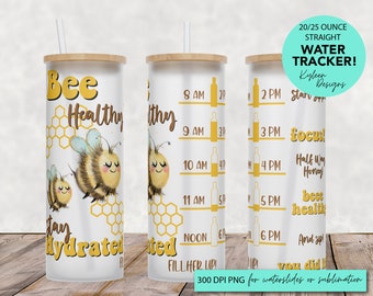 25/20 oz frosted glass tumbler png, Bee hydratedTumbler template water tracker High res PNG digital file