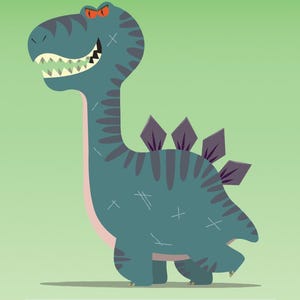 May include: A cartoon dinosaur illustration in teal, featuring a long neck, purple dorsal plates, and a smiling face. The image includes the word "DINOSAUR" at the top, and "TRAMPLE" and "3/3" at the bottom. The background is light green.