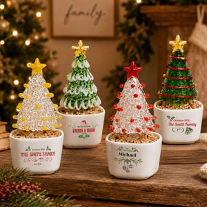 May include: Four miniature Christmas tree ornaments in white ceramic pots. One tree is clear with yellow accents, one is green with white swirls, one is clear with red accents, and one is green with red garland. Each pot features personalized text.