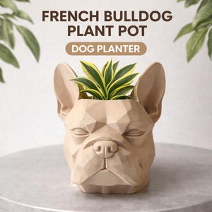 Op de afbeelding: Beige plantenpot in de vorm van een Franse Bulldog met een geometrisch ontwerp. De pot bevat een groen-gele plant. De tekst "FRENCH BULLDOG PLANT POT" en "DOG PLANTER" staan boven de pot.