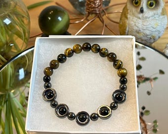 Sentinel’s Valor Bracelet– Hematite, Onyx, and Tigers Eye Protection Bracelet Strength- Resilience, Grounding Energy Bracelet for Men- Women