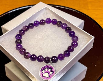 Paw of Serenity Bracelet - Amethyst with Purple Dog Paw Charm - Healing Anti-Stress Crystal Jewelry for Animal Lovers