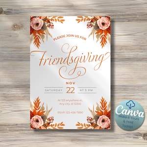 Friendsgiving Invitation: Autumn Floral Dinner Party Template (5x7 inches, Digital Download)