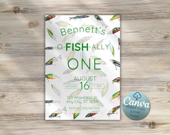 May include: A rectangular invitation card featuring a pattern of colorful fishing lures on a white background. The text reads: Bennett's O-FISH-ALLY ONE, AUGUST 16, SATURDAY, 1-3PM, 123 Anywhere st., Any City, ST 12345, RSVP To: (123) 456-7890.