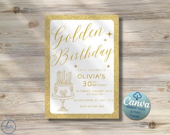 Golden Birthday Invitation: Gold Glitter Cake, Editable Template (5x7 inches) (Digital Download)