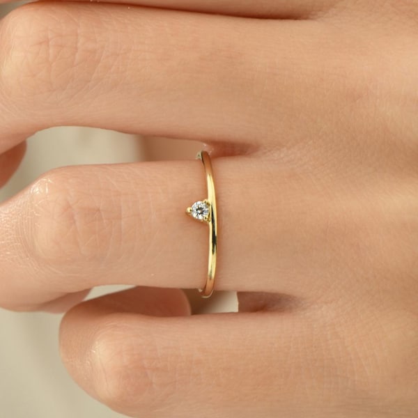 Dainty 14k Gold Solitaire Diamond Ring, Minimalist Stacking Band