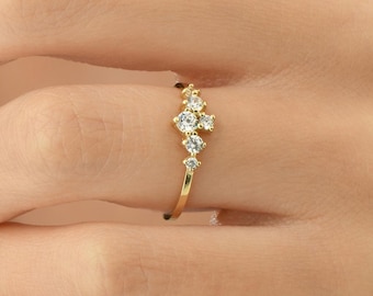 Dainty 14K Gold Diamond Cluster Ring, Minimalist Promise Ring