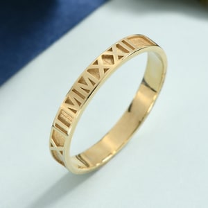 Personalized Roman Numeral 14k Gold Ring, Custom Name & Special Date Ring, Wedding Date Ring, Push Present Birthday Gift, Coordinates Ring