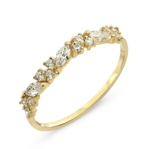 Marquise Round Diamond 14k Gold Ring, Unique Art Deco Wedding Band, Vintage Solid Gold, Stackable Band, Moissanite Anniversary Gift for Her