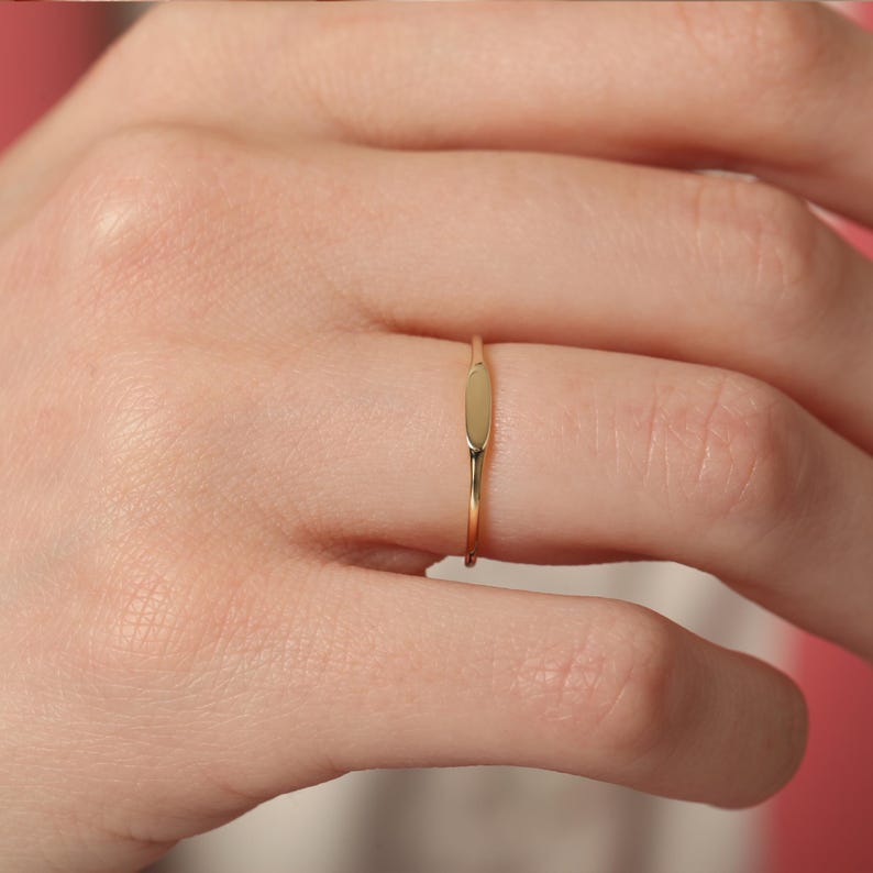 Personalized 14k Solid Gold Tiny Signet Ring, Engraved Stacking Ring, Customize Name Ring, Ultra Thin Initial Ring, Minimalist Designed Ring