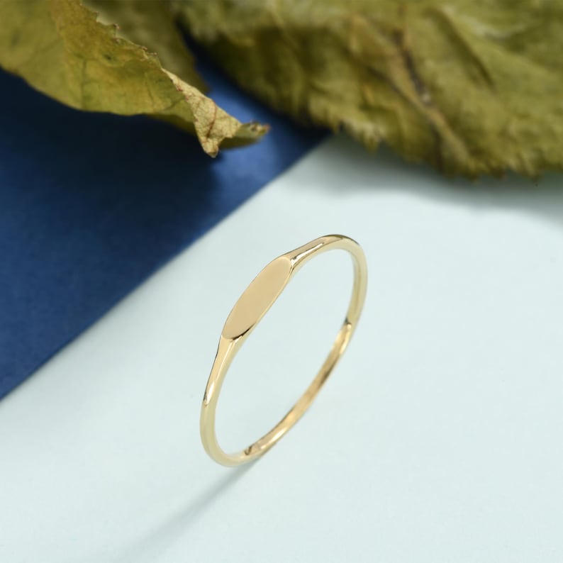 Personalized 14k Solid Gold Tiny Signet Ring, Engraved Stacking Ring, Customize Name Ring, Ultra Thin Initial Ring, Minimalist Designed Ring