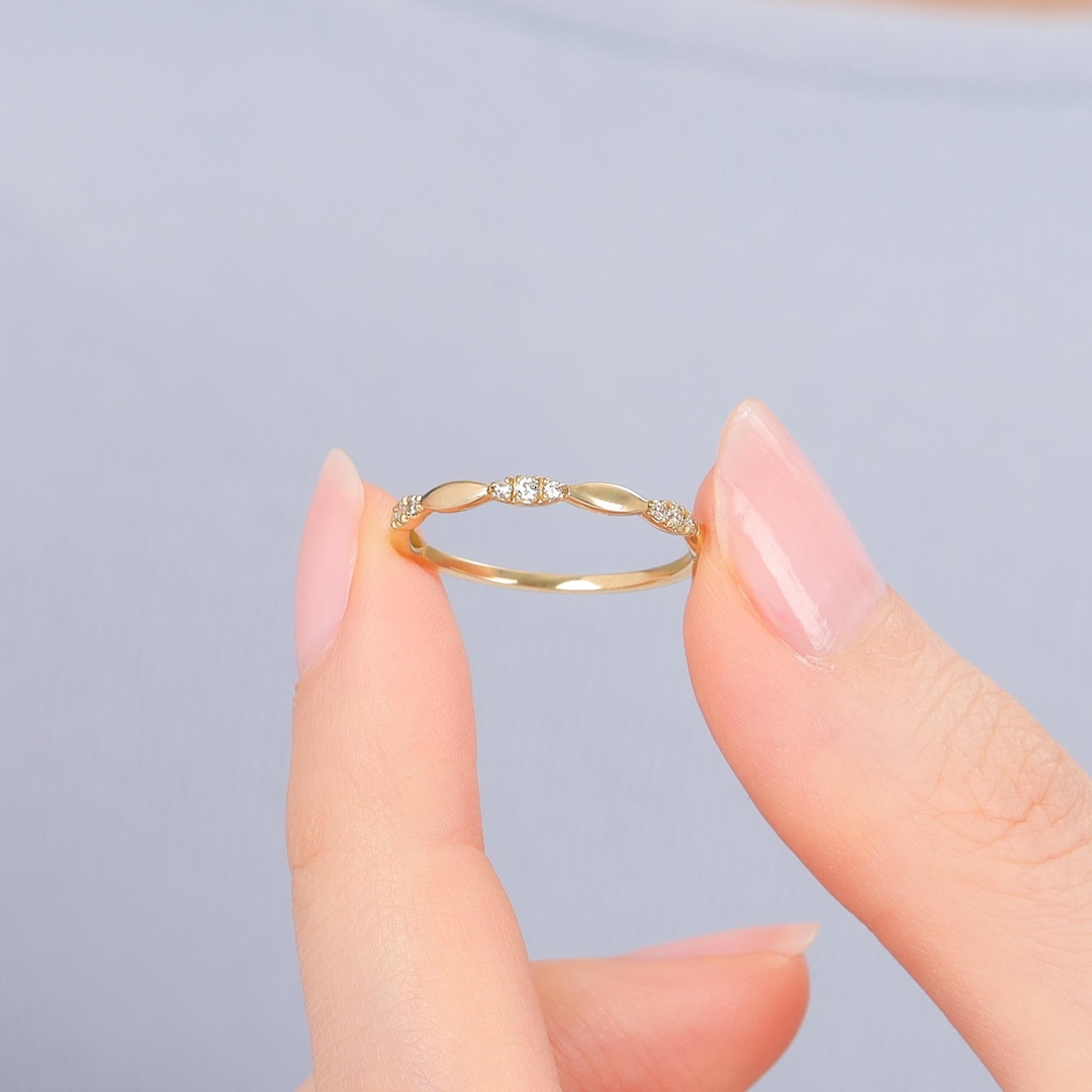 Diamond 14k Gold Art Deco Ring, Stackable Wedding Band - Etsy