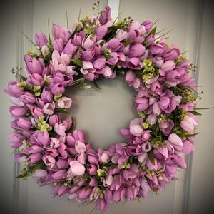 Purple Tulip Wreath: Spring Floral Door Decor with Eucalyptus