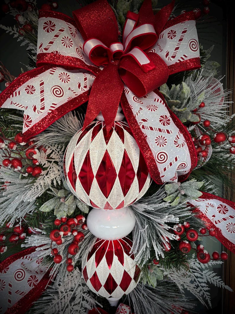 Red and White Peppermint Christmas Teardrop Wreath- Luxury Holiday Swag ...