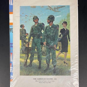 May include: A vintage illustration of four soldiers in uniform, including a female officer, standing in a field. The soldiers are holding rifles and the female officer is holding a briefcase. The illustration is titled "The American Soldier, 1963".