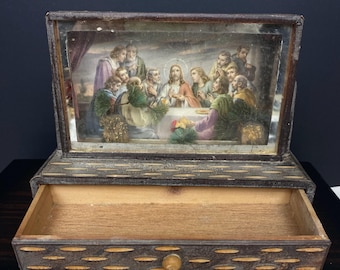 A0115 Vintage Wooden Trinket Box / Religious Keepsake Box with Framed Holy Image / Jewelry Storage