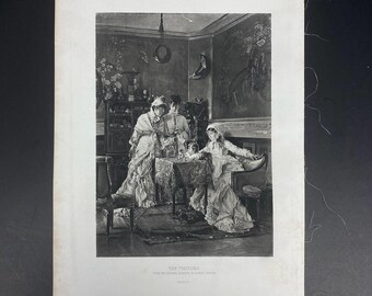 A0056 Antique 1884 Art Print Gravure/ Victorian Women In Fancy Dress Visit Sister & New baby /Wall Décor Poster