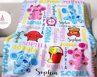 Personalized Watercolor Blue Clues Blanket, Blue Dog Lovers Birthday Boy Blanket, Kid Birthday Girl Home Decoration, Family Baby Shower Gift