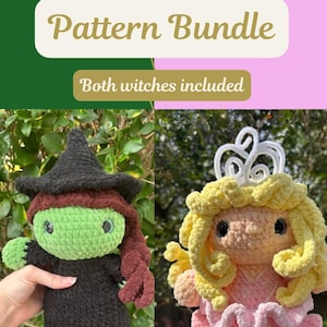 May include: A crochet pattern bundle featuring two dolls: a witch and a princess. The witch doll has a black hat and dress, green face, and red hair. The princess doll has a yellow crown, blonde hair, and a pink dress. The text reads "Pattern Bundle" and "Both witches included."