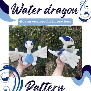 May include: A crochet pattern for a water dragon. The image shows two white and blue crochet dragons with outstretched wings. The text "Water dragon" and "Pattern" are displayed in cursive. The creator's handle is also included.