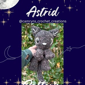 May include: A dark gray crocheted cat plushie named "Astrid" with white accents on the ears and muzzle. The word "Pattern" is written at the bottom of the image, with the creator's name and copyright information. The background is a dark blue with stars and a crescent moon.