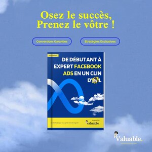 May include: A blue and white book cover with the title "De Debutant a Expert Facebook Ads en un Clin D'oeil" and the text "Powered by Valuable." The book cover features a blue infinity symbol and clouds.