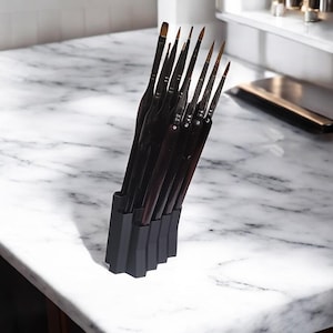 May include: A black brush holder with a set of paint brushes. The brushes are arranged in the holder, with the tips of the brushes facing upwards.