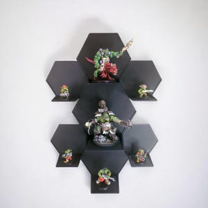 Miniature Hex Display | Expandable Stick On Shelf | 3D Printed Wall Mounted Modular Display Rack | Tabletop and Wargame Minis | Collectibles