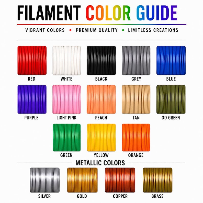 Filament color guide describing all of the available filament colors. These can be used to customize your order in a number of ways.
