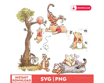 Classic Pooh Hundred Acre Wood Watercolor SVG PNG Bundle (Digital Download)