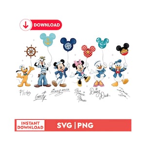May include: A colorful illustration featuring Disney characters Pluto, Goofy, Mickey Mouse, Minnie Mouse, Daisy Duck, and Donald Duck. Each character holds a balloon. The image includes the text "DOWNLOAD" and "SVG | PNG".