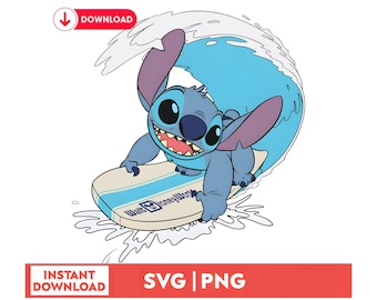 Stitch Surfing PNG, Cartoon Rainbow Aesthetic (Digital Download)