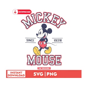 Może przedstawiać: Biała grafika przedstawiająca Myszka Miki w chodzie, z napisami "MICKEY MOUSE" w kolorze czerwono-białym oraz "SINCE 1928". Poniżej czerwony baner z napisem "INSTANT DOWNLOAD" i "SVG | PNG".