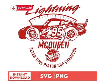 Op de afbeelding: Rood en wit grafisch ontwerp met een rode raceauto met nummer 95 en de woorden "Lightning McQueen" en "Zevenvoudig Piston Cup Champion". Het ontwerp bevat ook de woorden "Rust-eze" en "Burner Ointment".