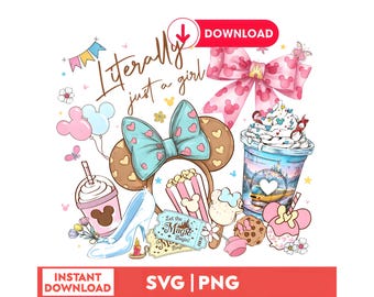 Literally Just a Girl PNG, Magical Kingdom Snacks PNG, Disney Foodie SVG Bundle, Pastel Park Snacks Art, Ice Cream Cookie Popcorn Clipart