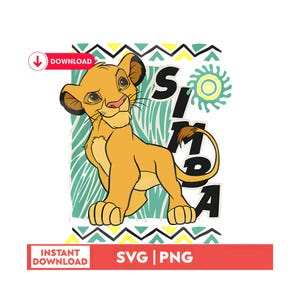 May include: A cartoon image of Simba from The Lion King, a young lion cub with a yellow coat, standing on a green and yellow patterned background. The word "SIMBA" is written vertically in black letters to the right of the lion.