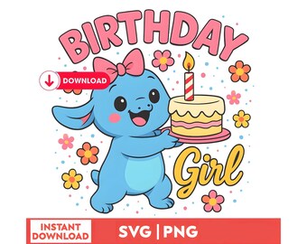 Könnte beinhalten: Ein blaues Comic-Tier mit einer rosa Schleife hält einen rosa und gelben Geburtstagskuchen mit einer brennenden Kerze. Der Text "Birthday Girl" ist in Gelb mit rosa Blumen und weißen Punkten im Hintergrund geschrieben.