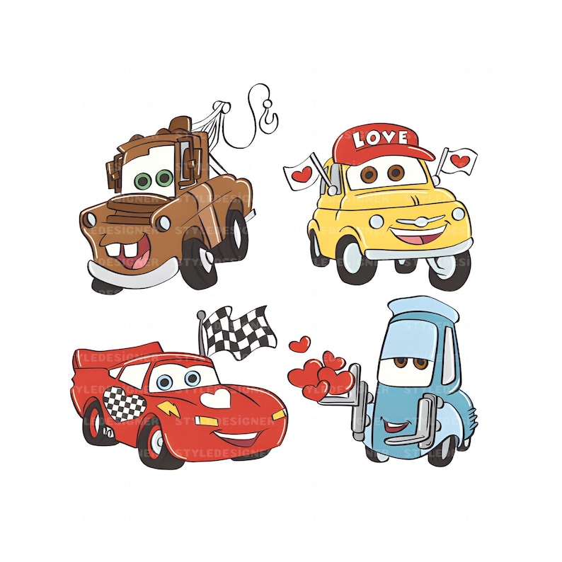 Op de afbeelding: Vier cartoonauto's uit de film Cars. Een rode auto met een geruit hart, een bruine sleepwagen, een gele auto met een rode hoed waarop "LOVE" staat en een blauwe vrachtwagen met een rood hart.