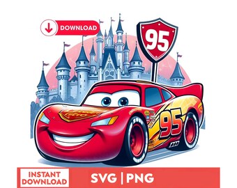 May include: A cartoon illustration of a red race car with the number 95 on the side, smiling with a castle in the background. The image includes the words "DOWNLOAD" and "INSTANT DOWNLOAD" and the text "SVG | PNG".