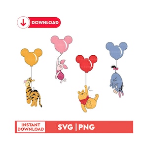 Könnte beinhalten: Eine digitale Illustration mit vier Disney-Figuren, die an Mickey Mouse-förmigen Luftballons hängen. Tigger, Ferkel, Winnie Puuh und Eeyore sind an gelben, rosa, roten und blauen Ballons befestigt. Der Text "DOWNLOAD" und "SVG | PNG" ist enthalten.