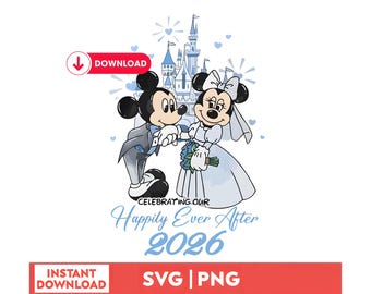 Spersonalizowany prezent ślubny Disneya dla pana i pani PNG, spersonalizowany prezent ślubny z 2026 r. PNG, edytowalny prezent dla panny młodej i pana młodego, projekt koszulki na ślub Disneya do pobrania