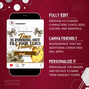 Puede incluir: Anuncio digital en la pantalla de un tel&eacute;fono inteligente con el texto "Se acaba el tiempo, presenta tus impuestos hoy". El anuncio incluye montones de dinero, gr&aacute;ficos de billetes de d&oacute;lar y un reloj despertador dorado. El anuncio tambi&eacute;n dice "Editar completamente", "Compatible con Canva" y "Personal&iacute;zalo".