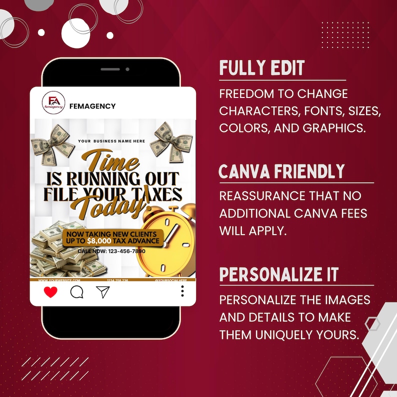 Puede incluir: Anuncio digital en la pantalla de un tel&eacute;fono inteligente con el texto "Se acaba el tiempo, presenta tus impuestos hoy". El anuncio incluye montones de dinero, gr&aacute;ficos de billetes de d&oacute;lar y un reloj despertador dorado. El anuncio tambi&eacute;n dice "Editar completamente", "Compatible con Canva" y "Personal&iacute;zalo".