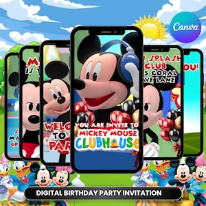 Könnte beinhalten: Digitale Geburtstagseinladung mit Micky Maus auf mehreren Smartphones. Die Einladung enthält den Text "You are invited to Mickey Mouse Clubhouse". Der Hintergrund zeigt einen blauen Himmel, eine Sonne und Zeichentrickfiguren.