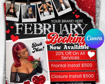 February Booking Flyer, Valentine&#39;s Day Flyer, February Hair Flyer, February Braid Flyer, February LashFlyer, February Makeup Flyer,Template
