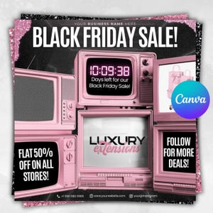 Puede incluir: Imagen promocional para una venta de Black Friday con televisores retro rosas. El texto incluye "BLACK FRIDAY SALE!" y "FLAT 50% OFF ON ALL STORES!". Un temporizador muestra "10:09:38" con "Days left for our Black Friday Sale!"