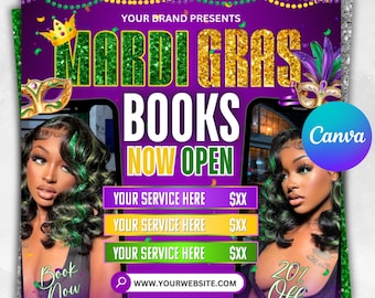 Folleto de reservas para Mardi Gras, Folleto "Reserva ahora", Folleto de citas para Mardi Gras, Boutique de peluquería, uñas, belleza, pestañas, maquillaje, Folleto editable en Canva